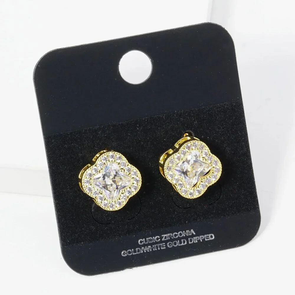 18K GOLD DIPPED PAVE SET CUBIC ZIRCONIA 13MM QUATREFOIL STUD EARRINGS - Picture 2 of 3